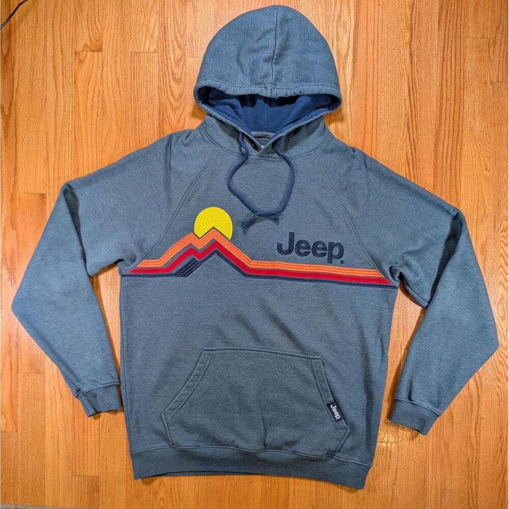 Jeep JEDCO Mens Large Hoodie Embroidered Mountain Sunset Stripe Pullover Blue